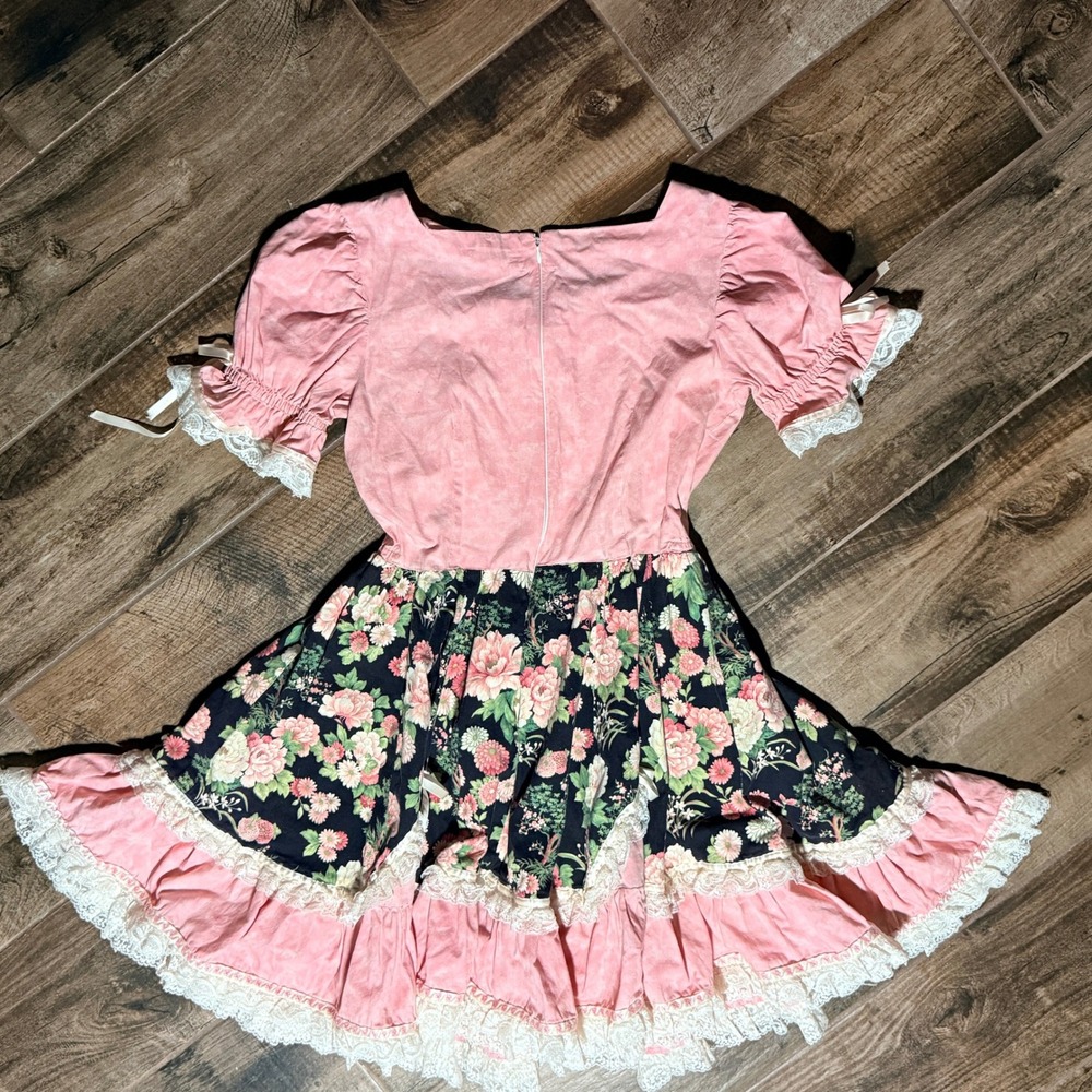 Judy Hoppes VTG Womens Cottagecore Floral Lace Ruffle Lolita Square Dress,Pink,M - Picture 6 of 11